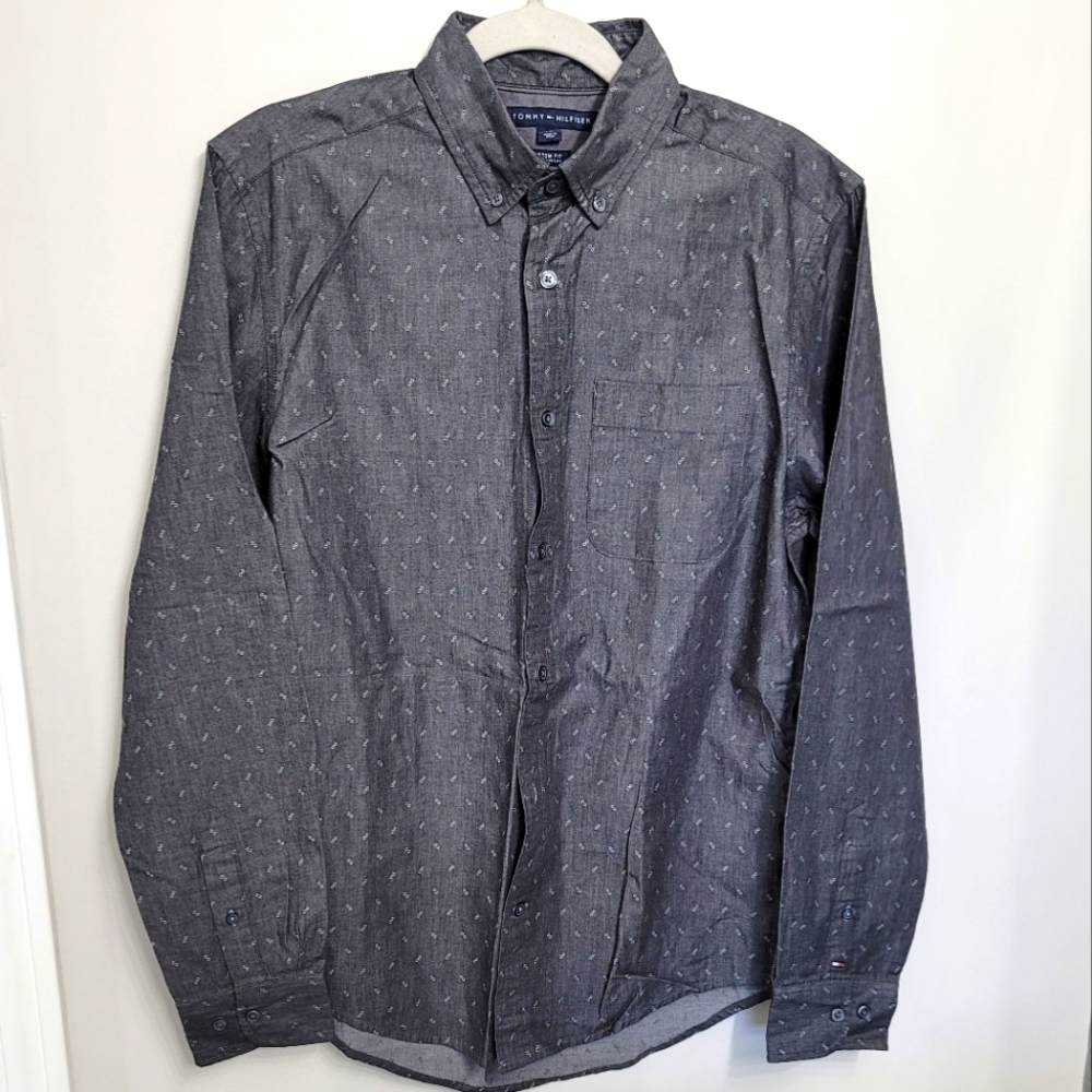 TOMMY HILFIGER Gray Custom Fit Button Down Shirt Size: S